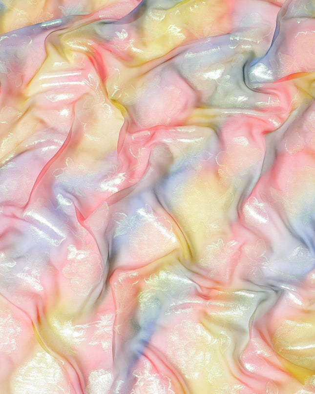 قماش شيفون من الحرير الخالص متعدد الألوان مع لوريكس معدني أخضر نيون بتصميم زهور - D9678