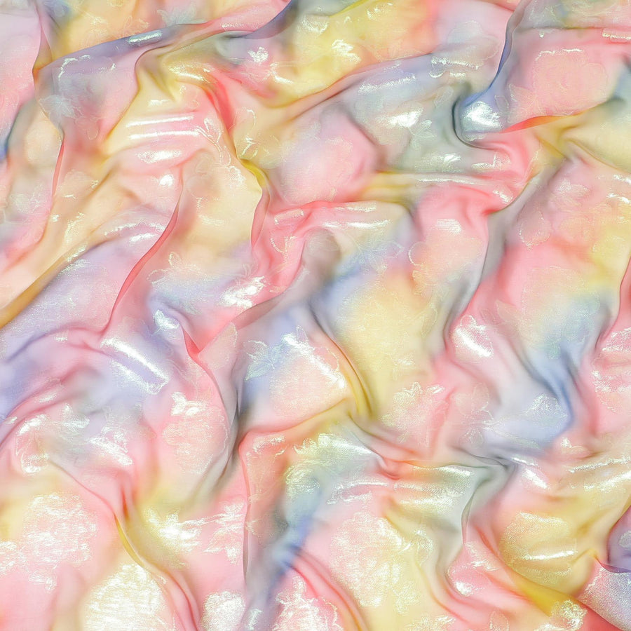 قماش شيفون من الحرير الخالص متعدد الألوان مع لوريكس معدني أخضر نيون بتصميم زهور - D9678