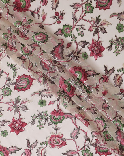 Cream synthetic chiffon fabric with multicolor print having jacquard in floral design-D13770