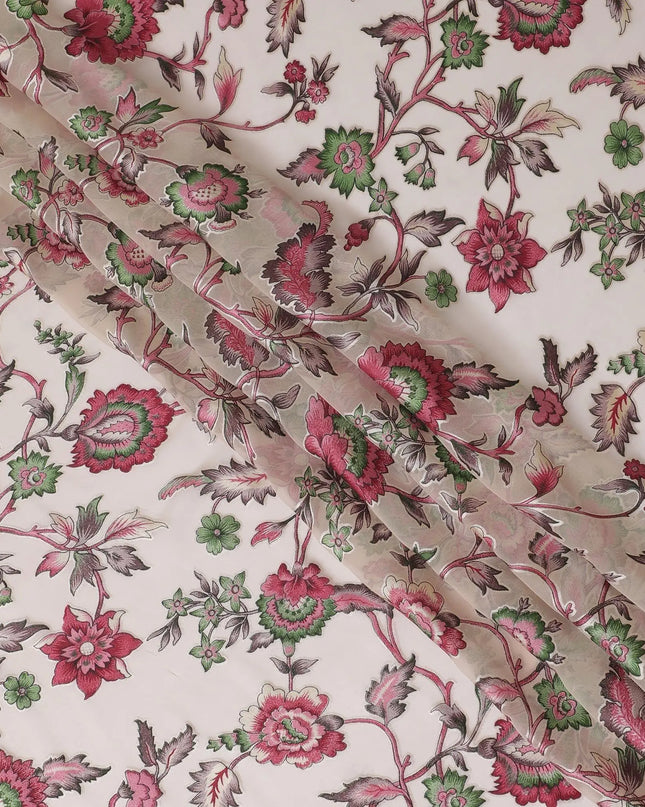Cream synthetic chiffon fabric with multicolor print having jacquard in floral design-D13770 Regal Fabrics
