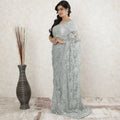 Powder blue Premium pure metallic French chantilly saree lace having stone work in floral design-D13505