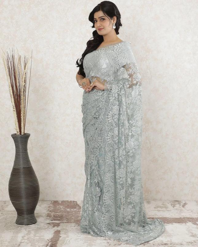 Powder blue Premium pure metallic French chantilly saree lace having stone work in floral design-D13505 Regal Fabrics