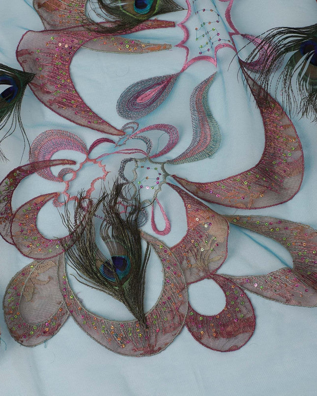 Blue nylon tulle fabric with multi color embroidery and 3D peacock feather in abstract design