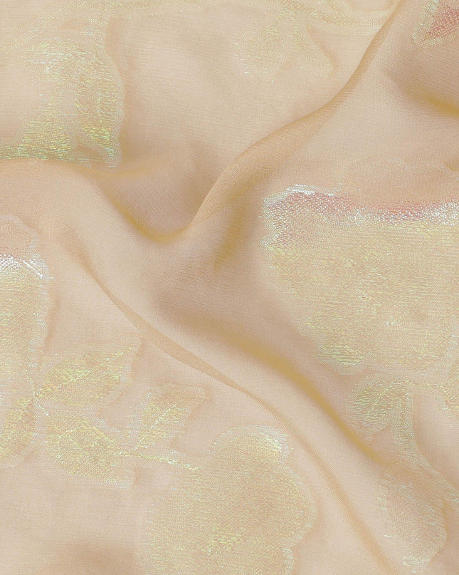 قماش الشيفون الحريري الخالص الفاخر باللون البيج اللاتيه مع اللوريكس المعدني باللون الأخضر النيون بتصميم الأزهار-D12420