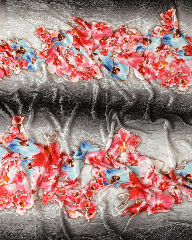 قماش مخملي حريري إيطالي باللون الرمادي السحابي مع طباعة متعددة الألوان بتصميم الأزهار-D11832