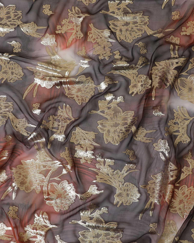 قماش شيفون مطبوع يدويًا من الحرير الخالص الفاخر باللون الرمادي مع لوركس معدني ذهبي بتصميم زهور-D9075