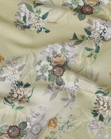 Sage green synthetic crepe fabric with multicolor print having stone work in floral design-D15312