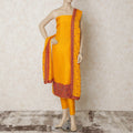 Gold yellow silk kameez with multicolor kashmiri embroidery having stone work in paisley design. Gold plain salwar with chiffon dupatta having multicolor embroidery and stone work-D12682 Regal Fabrics