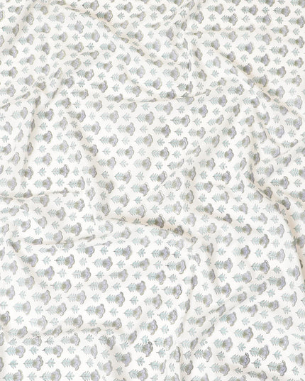 Off white cotton lawn fabric with sage green, olive green and light lavender print in floral design-D8437 Regal Fabrics