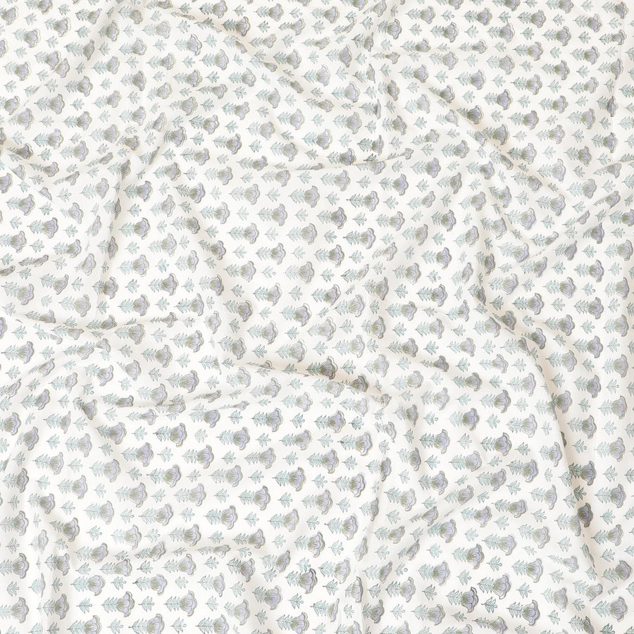 Off white cotton lawn fabric with sage green, olive green and light lavender print in floral design-D8437 Regal Fabrics