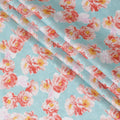 Tiffany blue uragiri cotton voile fabric with same tone jacquard having light pink, salmon peach and mustard yellow print n floral design-D10486 Regal Fabrics