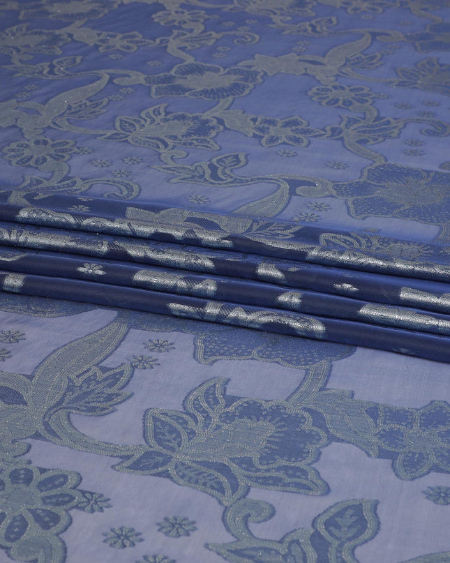 Blue Premium French (Fransawi) pure silk chiffon fabric with silver metallic lurex in floral design-D8331