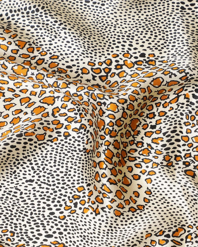 Beige premium 100% Pure silk satin fabric with black and squash orange print in animal skin design-D9293