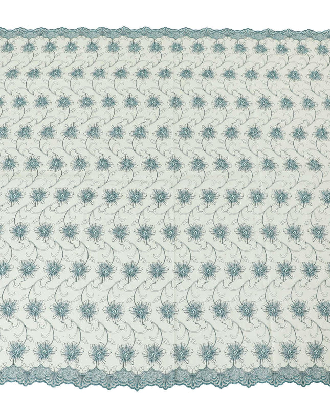 Light mint green Premium pure 100% Swiss cotton voile (Sudanese Thobe) fabric with teal blue embroidery having stone work in fancy design-D13798