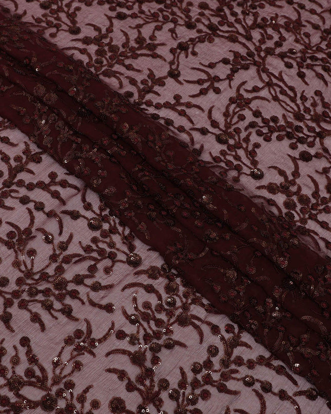 قماش شيفون من الحرير الخالص المارون مع تطريز بالترتر بنفس اللون بتصميم الأزهار-D13199
