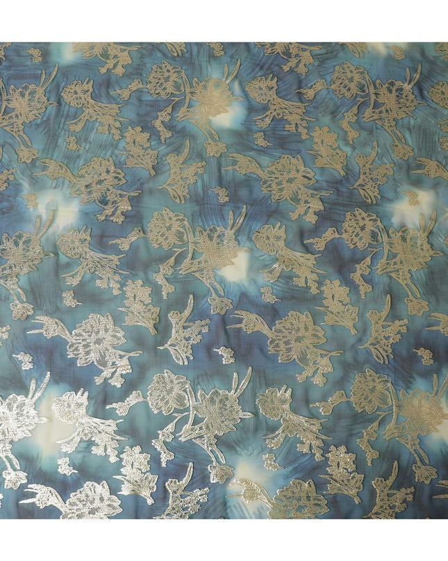 قماش شيفون مطبوع يدويًا من الحرير الخالص الفاخر باللون الأزرق البترولي والزيتوني الفاتح مع لوركس معدني ذهبي بتصميم زهور-D9074