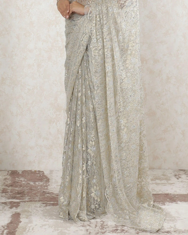 Off white, gold, silver Premium Pure metallic French chantilly lace saree having stone work in floral design-D13473 Regal Fabrics
