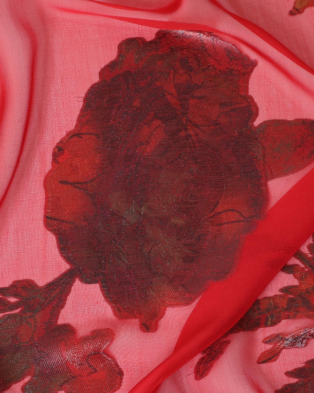 قماش من الشيفون الحريري الخالص الفاخر باللون الأحمر القرمزي مع لوركس معدني متعدد الألوان بتصميم الأزهار -D9700