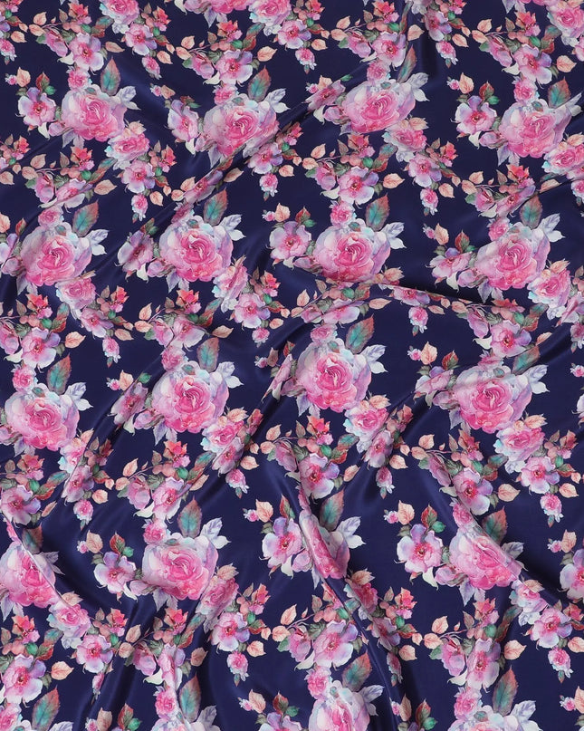 Navy blue synthetic crepe fabric with multicolor print in floral design-D14461 Regal Fabrics