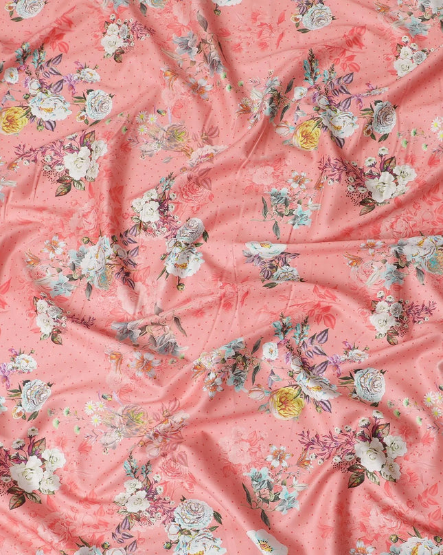 Salmon peach cotton satin fabric with multicolor print in floral design-D15261 Regal Fabrics