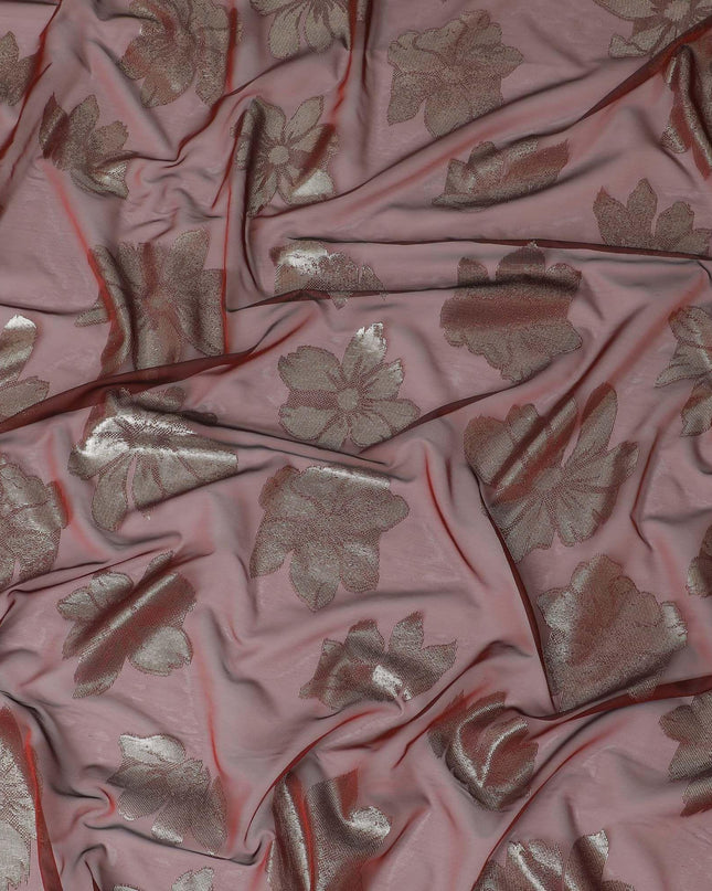 Maroon Premium pure Italian silk chiffon fabric with gold metallic lurex in floral design-D10795