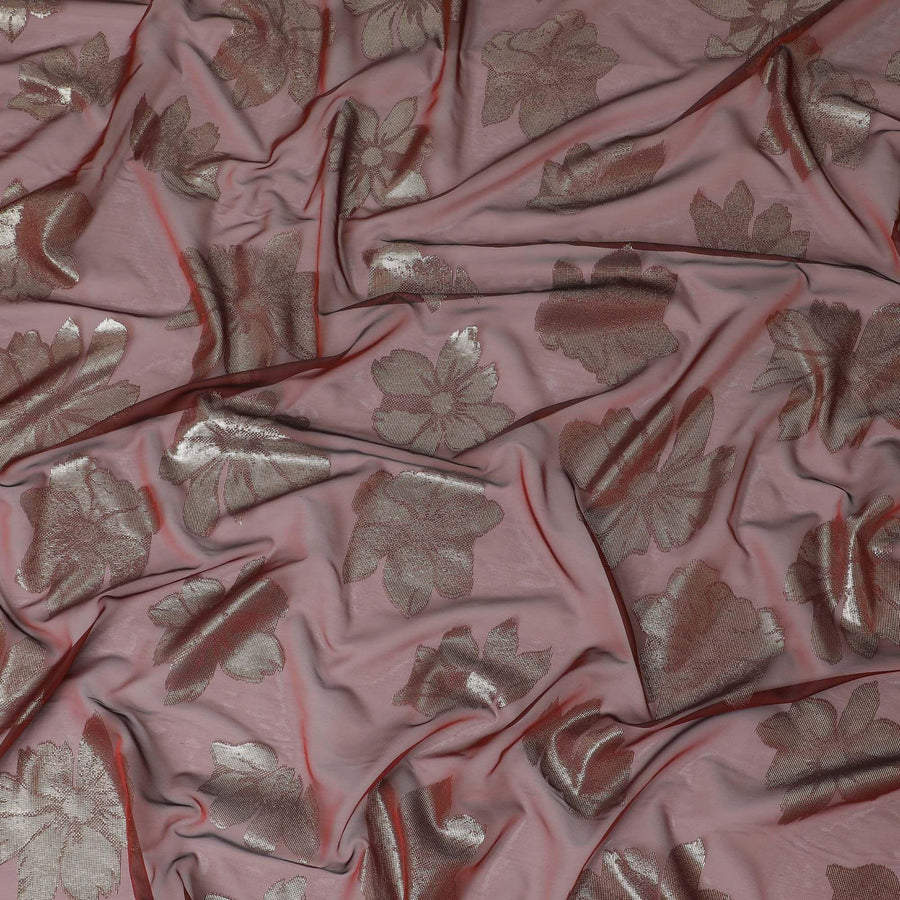 Maroon Premium pure Italian silk chiffon fabric with gold metallic lurex in floral design-D10795