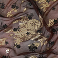 Barn red, black pure silk chiffon fabric with gold metallic lurex having black flock and glitter in floral design-D8239