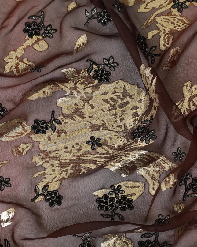 Barn red, black pure silk chiffon fabric with gold metallic lurex having black flock and glitter in floral design-D8239