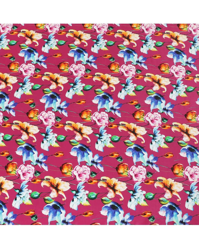 Dark cerise pink synthetic crepe fabric with multicolor print in floral design-D14462 Regal Fabrics