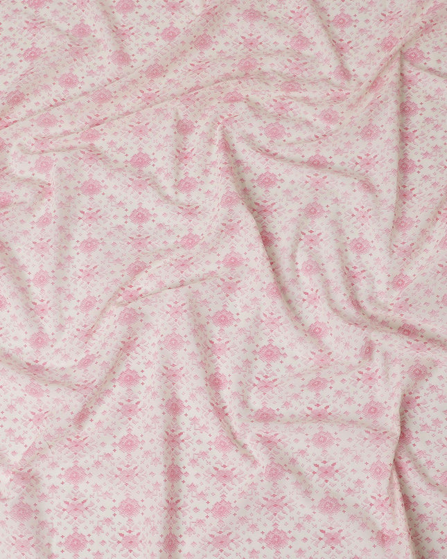 Off white cotton voile fabric with baby pink print in floral design-D15062