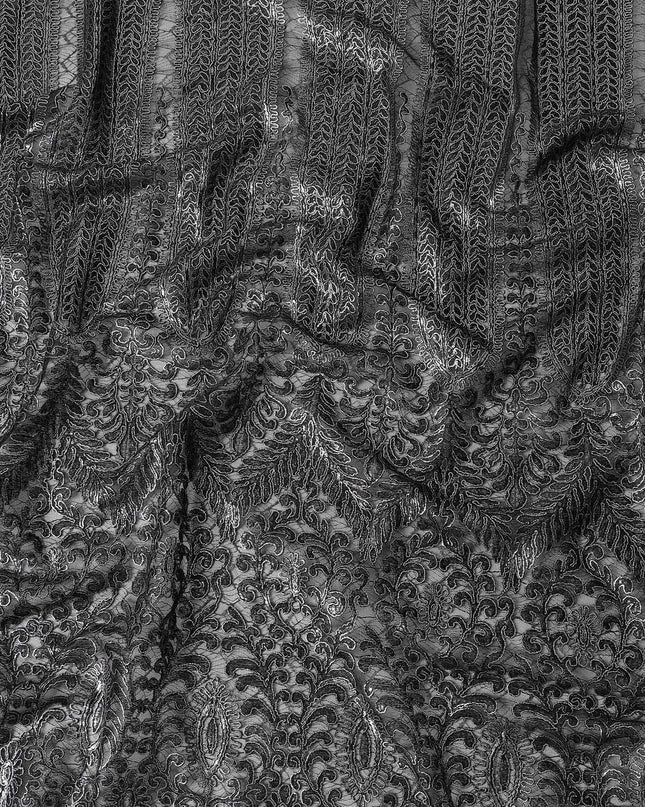 Black nylon tulle fabric with same tone, silver embroidery in fancy design-D6022