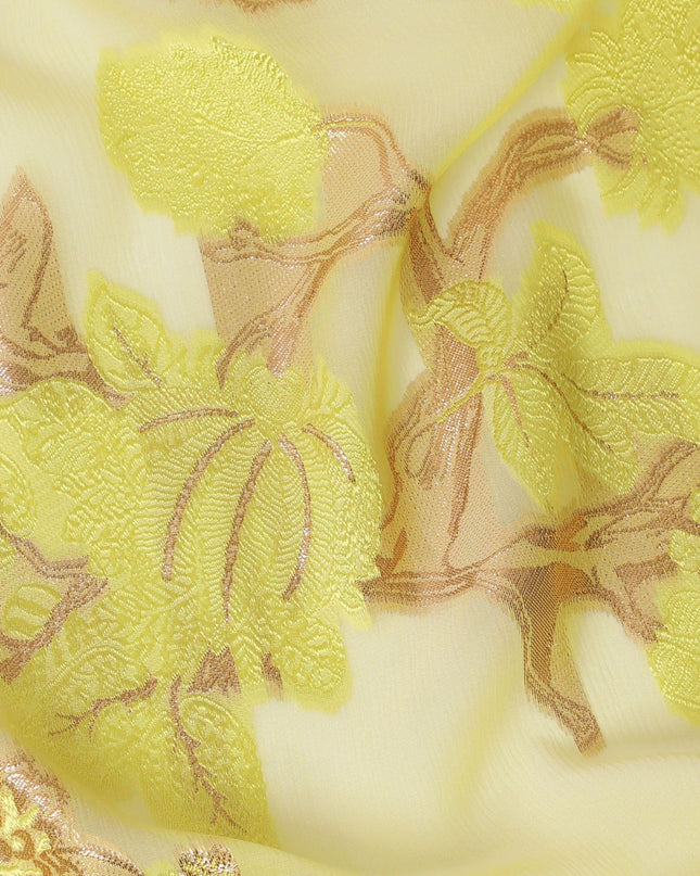 أصفر عباد الشمس قماش شيفون حريري فرنسي خالص (فرنساوي) مع نفس اللون من الفسكوز ولوريكس معدني نحاسي بتصميم زهور -D12716