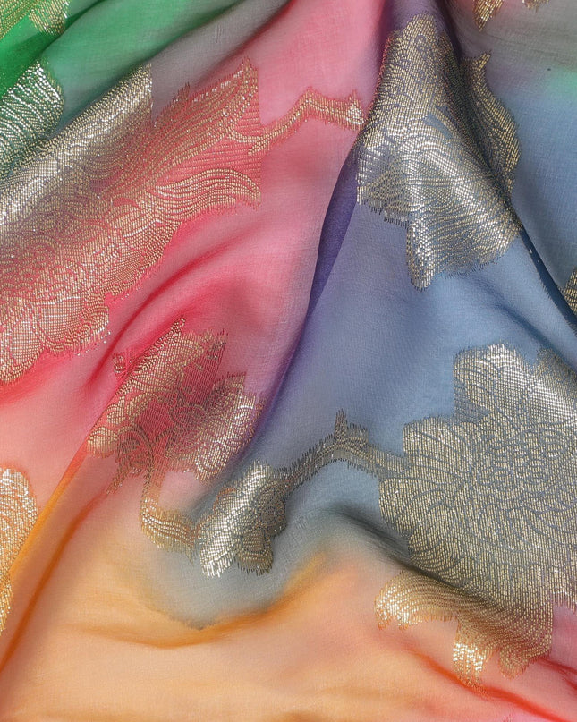 قماش شيفون حريري فرنسي (فرنساوي) فاخر متعدد الألوان مع لوركس معدني ذهبي بتصميم زهور-D14005