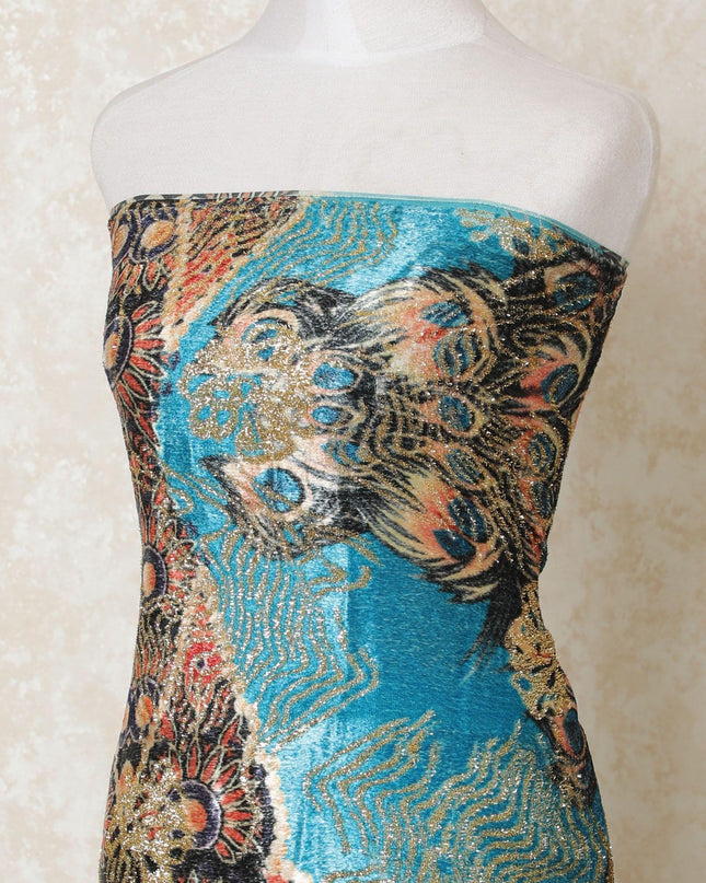 Blue silk blended velvet fabric with multicolor print having gold metallic lurex work in floral design-D13944