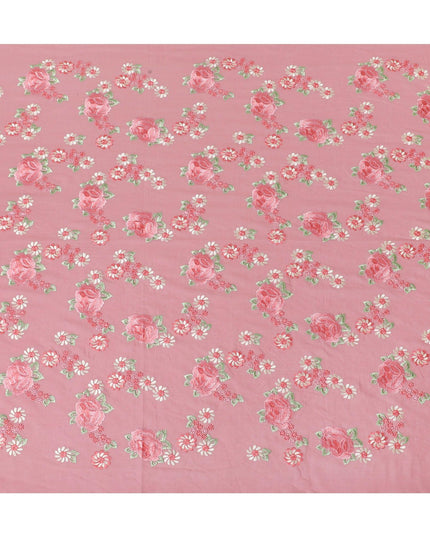 قماش الفوال القطني الخالص الفاخر باللون الوردي السلمون مع تطريز باللون الخوخي والبيج والأخضر المريمية بتصميم الأزهار-D15241