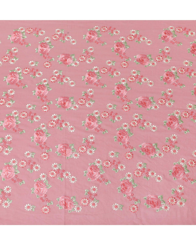 قماش الفوال القطني الخالص الفاخر باللون الوردي السلمون مع تطريز باللون الخوخي والبيج والأخضر المريمية بتصميم الأزهار-D15241