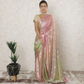 Pastel green, rose pink Premium pure French silk chiffon saree having golden metallic lurex in checks design-D12578