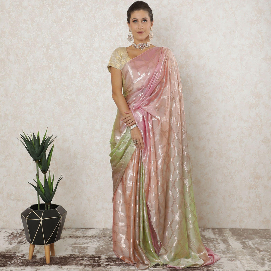 Pastel green, rose pink Premium pure French silk chiffon saree having golden metallic lurex in checks design-D12578