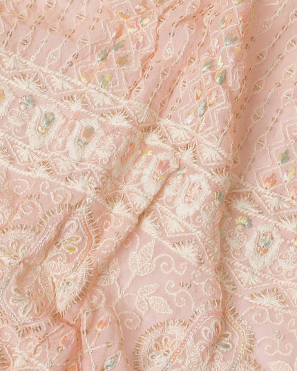 Peach premium synthetic georgette fabric with multicolor embroidery having gold metallic lurex in chikankari design-12450 Regal Fabrics