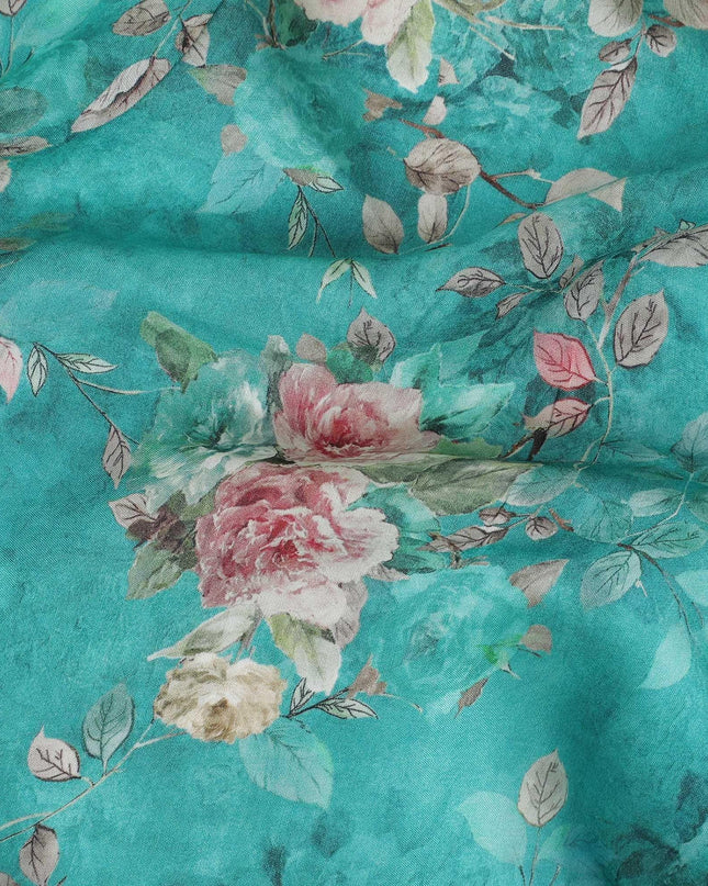 Fountain blue viscose crepe fabric with multicolor print in floral design-D11071 Regal Fabrics
