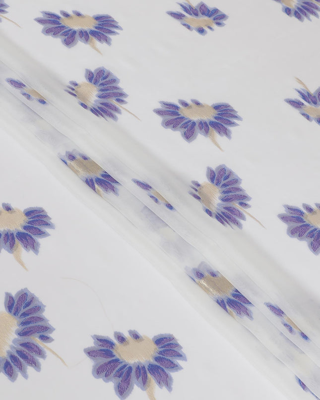 قماش شيفون من الحرير الخالص باللون الأبيض الفاتح مع الفيسكوز الأزرق والوركس المعدني الذهبي بتصميم الأزهار-D13263