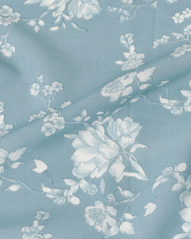 Light tiffany blue cotton voile fabric with beige print in floral design-D15157