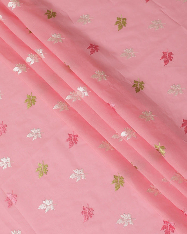 Baby pink Premium cotton voile fabric with same tone, mint green and beige embroidery in floral design-D13121