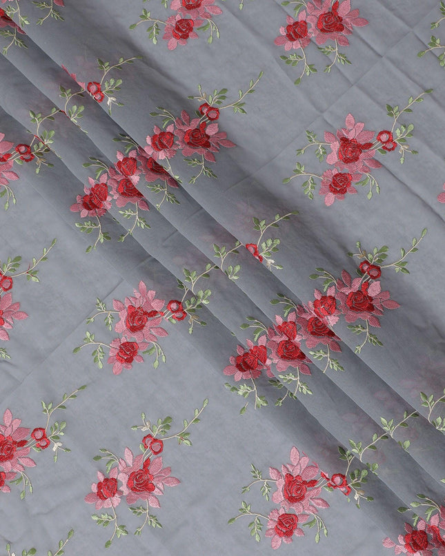 قماش الفوال القطني الخالص الفاخر باللون الرمادي مع تطريز الخوخ والأحمر القرمزي والبيج بتصميم الأزهار-D15240