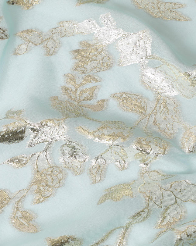 قماش شيفون من الحرير الخالص الفاخر باللون الأزرق الفاتح مع لوريكس معدني ذهبي بتصميم أوراق الشجر -D15448