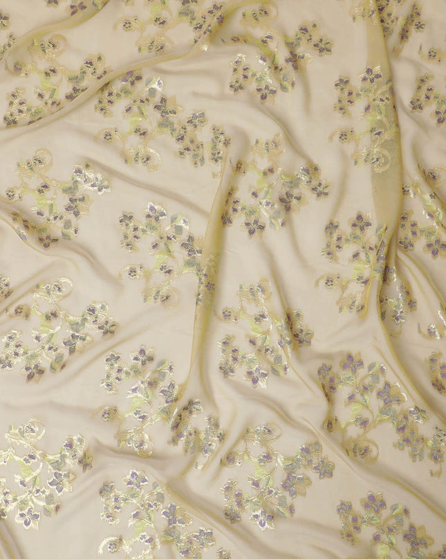 قماش من الشيفون الحريري الخالص الفاخر بلونين باللون الأخضر الداكن مع الفيسكوز الأرجواني والوركس المعدني الذهبي بتصميم الأزهار-D13180