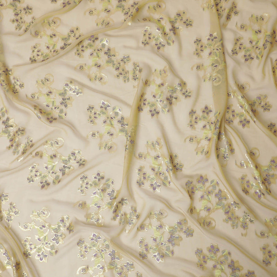 Sage green two tone changent premium pure silk chiffon fabric with purple viscose and gold metallic lurex in floral design-D13180