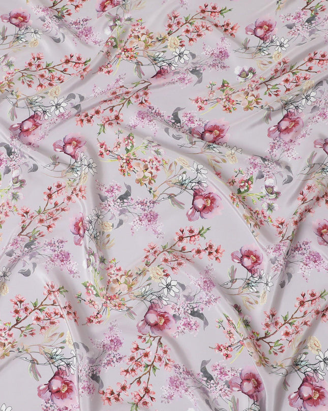 Light lilac synthetic crepe fabric with multicolor print in floral design-D14459
