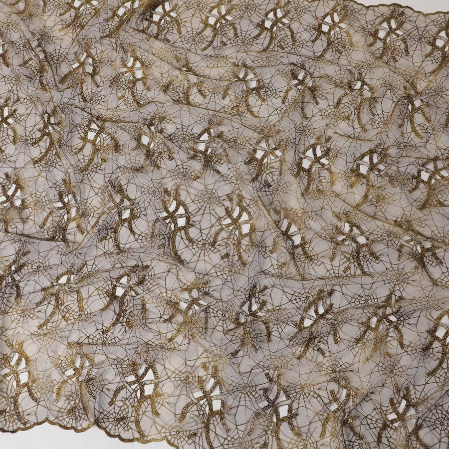 Khaki brown nylon tulle fabric with cut work and sequins in web design