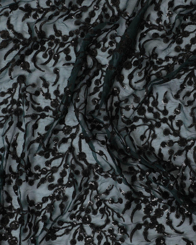 قماش شيفون من الحرير الخالص باللون الأخضر الزجاجي مع تطريز بالترتر الأسود بتصميم الأزهار-D13198